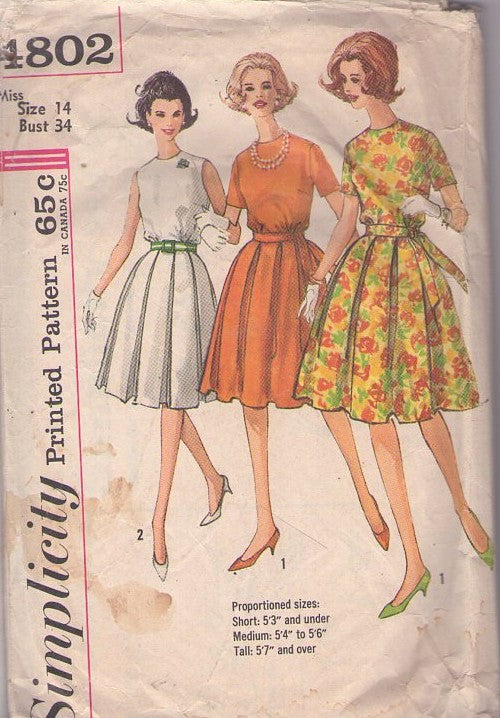 Simplicity 4802 Vintage 60's Sewing Pattern Rockabilly Dress Set, Box Pleated Proportioned Cocktail Party Dress 2 Styles Size 14 CUT