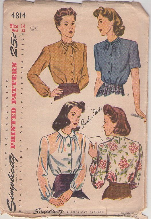 Simplicity 4814 Vintage 40's Sewing Pattern WW2 Era Blouses, Front Buttoned Modest Blouse Set, 3 Styles Size 14