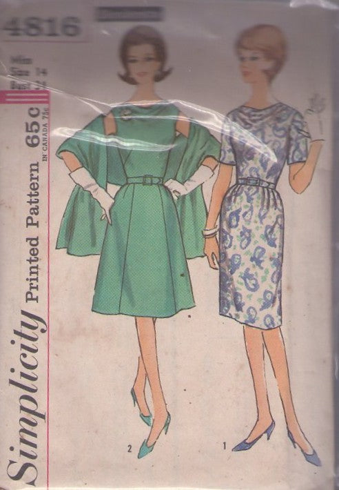 Simplicity 4816 Vintage 60's Sewing Pattern Day Dress Set, Draped Cowl Neck, Slenderette, Mad Men, Cocktail Party Dress & Stole, Slim or Gored Skirt Size 14