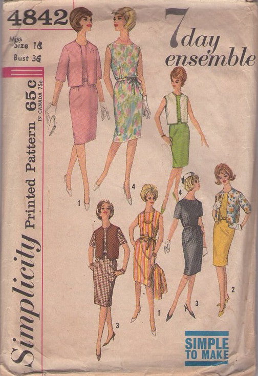 Simplicity 4842 Vintage 60's Sewing Pattern Secretary Dresses, 7 Day Ensemble Simple Sheath Dress, Vest, Jacket Cover Up Size 16