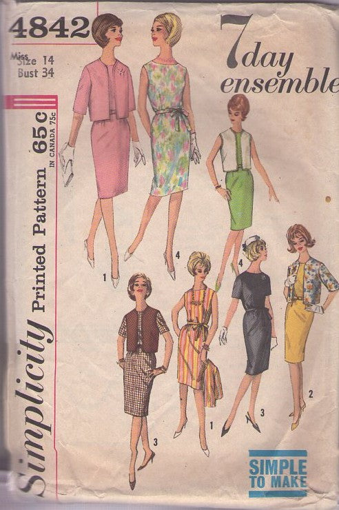 Simplicity 4842 Vintage 60's Sewing Pattern Secretary Dresses, 7 Day Ensemble Simple Sheath Dress, Vest, Jacket Cover Up Size 14