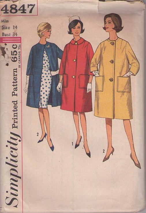 Simplicity 4847 Vintage 60's Sewing Pattern Mod Coats, Mad Men, Slim Fit Cocktail or Day Dress, Jacket or Coat Size 14