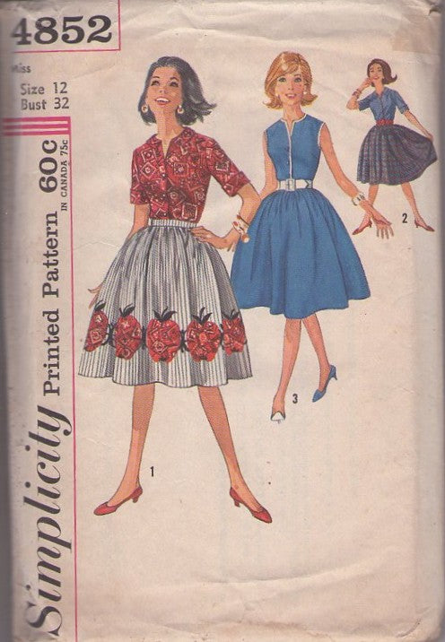 Simplicity 4852 Vintage 60's Sewing Pattern Housewife Skirt, Blouse, 2 Piece Dress, Bandana Applique Full Skirt, Shirt Set Size 12