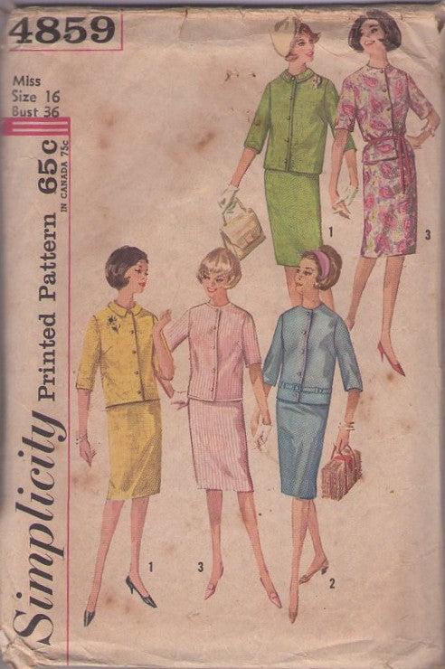 Simplicity 4859 Vintage 60's Sewing Pattern Suit Dress, Cardigan Jacket Top, Slim Sheath Skirt Size 16