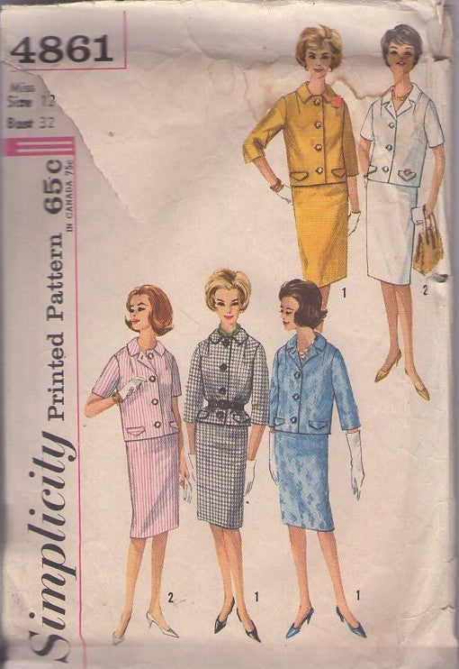 Simplicity 4861 Vintage 60's Sewing Pattern Suit Separates, Jackie O 2 Piece Dress, Jacket Top Blouse & Slim Slender Skirt Size 16