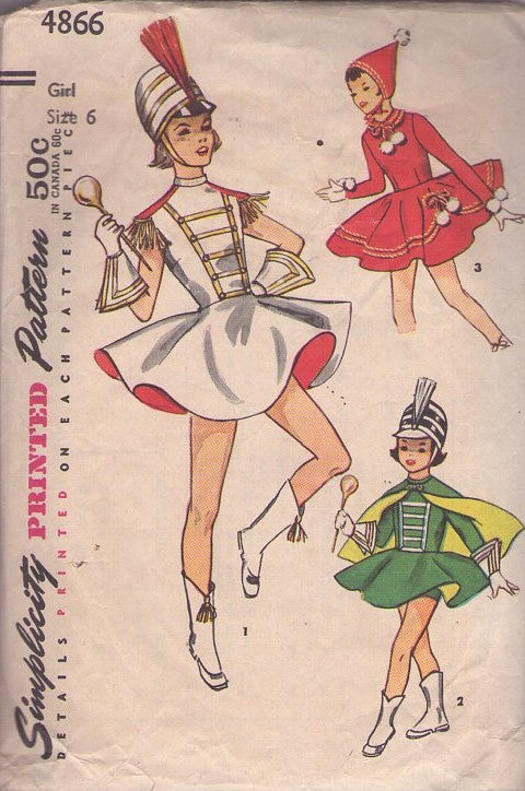Simplicity 4866 Vintage 50's Sewing Pattern Drum Majorette, Band Leader, Ice Skating, Skater, Cheer, Dance Mini Dress, Cape, Panty Shorts Size 6