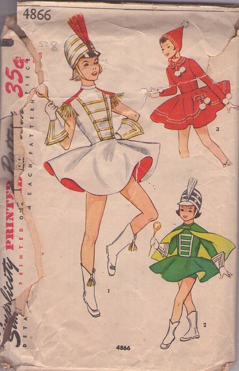 Simplicity 4866 Vintage 50's Sewing Pattern Drum Majorette, Band Leader, Ice Skating, Skater, Cheer, Dance Mini Dress, Cape, Panty Shorts Size 8
