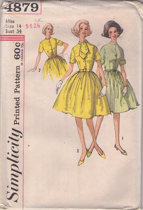 Simplicity 4879 Vintage 60's Sewing Pattern Day Dresses, Step In Shirtwaist Mad Men Rockabilly Day Dress with Full Pleated Skirt Size 14