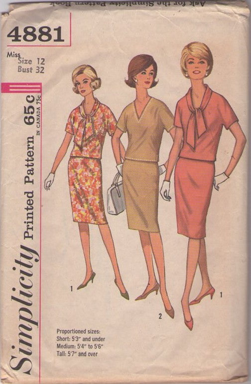Simplicity 4881 Vintage 60's Sewing Pattern Secretary Separates, Mad Men, Proportioned 2 Piece Dress, Tie Collar Blouse Top, Slim Skirt Size 12