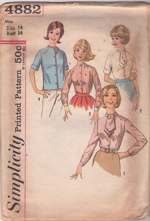 Simplicity 4882 Vintage 60's Sewing Pattern Everyday Blouses, Mad Men Secretary Front Buttoned Blouse, Shirt Set, Collarless or Ascot Tie Size 14