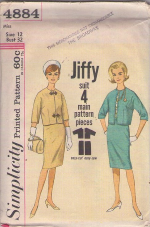 Simplicity 4884 Vintage 60's Sewing Pattern Jiffy Suit Set, Jackie O Mad Men Style Kimono Sleeve Jacket, Slim Skirt,  Easy To Sew Size 12