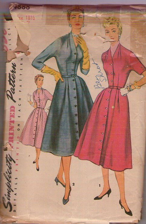 Simplicity 4888 Vintage 50's Sewing Pattern Afternoon Day Dress, Front Buttons, Dolman Sleeve 2 Styles Size 18.5
