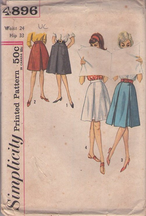 Simplicity 4896 Vintage 60's Sewing Pattern Petite Skirts, Inverted Single or Double Pleats, Skirt Set Waist 24 Size S
