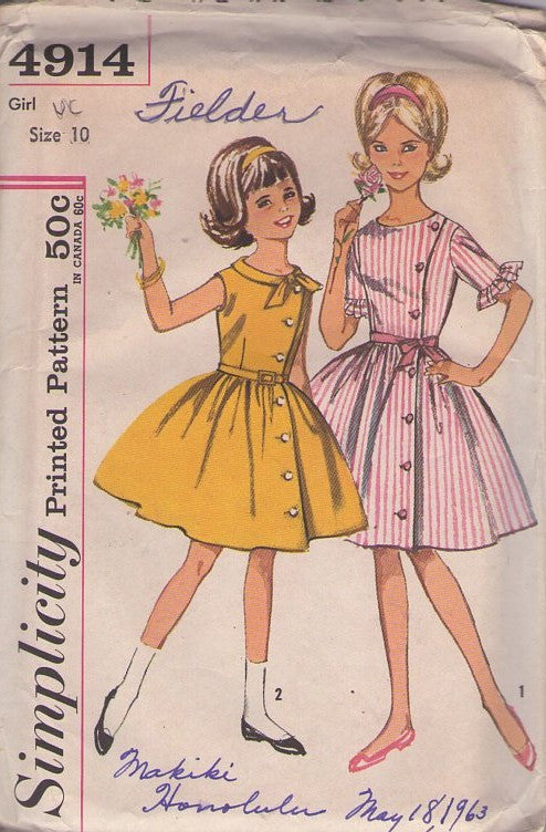 Simplicity 4914 Vintage 60's Sewing Pattern Girl's Dresses, Front Wrap Around & Button, Summer Party Dress, 2 Styles Size 10