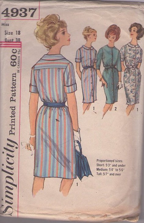 Simplicity 4937 Vintage 60's Sewing Pattern Straight Fit Dresses, Mad Men Proportioned Front Buttoned Shirt Dress, Back Yoke, Collar & Sleeve Choices Size 18