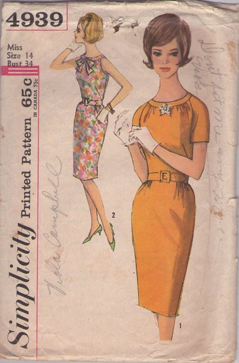 Simplicity 4939 Vintage 60's Sewing Pattern Sheath Dresses, Rockabilly Vixen, Cocktail Party Dress Size 14