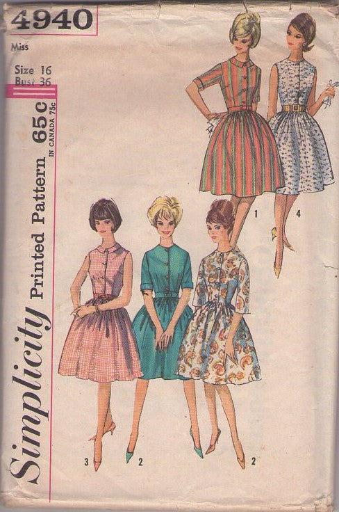 Simplicity 4940 Vintage 60's Sewing Pattern Rockabilly Dresses, Full Gathered Skirt Shirtwaist Day Dress, 4 Styles Size 16