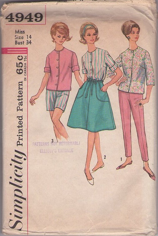 Simplicity 4949 Vintage 60's Sewing Pattern Gidget Separates, Rolled Cuff Shirt Jacket Blouse, Jamaica Shorts, Stovepipe Skinny Pants & Large Pockets Wrap Around Skirt Size 12