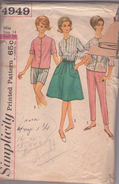 Simplicity 4949 Vintage 60's Sewing Pattern Gidget Separates, Rolled Cuff Shirt Jacket Blouse, Jamaica Shorts, Stovepipe Skinny Pants & Large Pockets Wrap Around Skirt Size 14