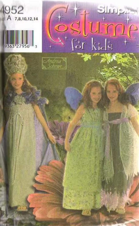 Simplicity 4952 Retro 2004 Sewing Pattern Fairy Costumes, Girl's Pagan Princess, Pixie Fairy Goddess Dress, Sheer Coat, Ruffled Cape, Wings Size 7-14