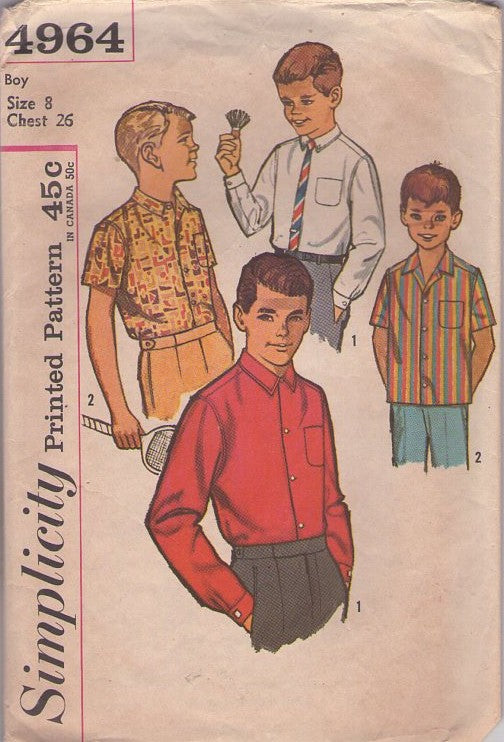 Simplicity 4964 Vintage 60's Sewing Pattern Boys' Shirt Set, Casual Rockabilly Hawaiian Novelty Print or Long Sleeved Dress Shirt Set 2 Styles Size 6
