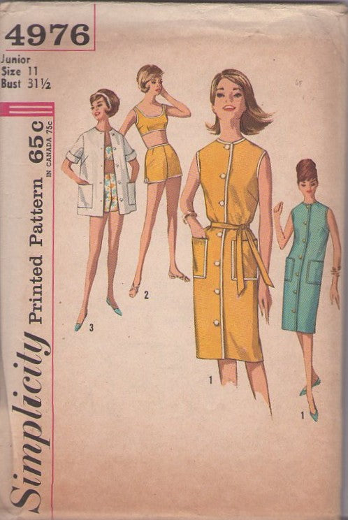 Simplicity 4976 Vintage 60's Sewing Pattern Mod Bikini, Dress, Shirt, Gidget Bathing Suit, Bra Top, Shorts, Beach Coat, Coatdress, Dress Size 11