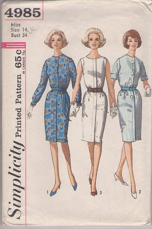 Simplicity 4985 Vintage 60's Sewing Pattern Rockabilly Dresses, Step In Day Dress, Buttons or Hidden Front Closure, Slim Skirt, 3 Styles Size 14