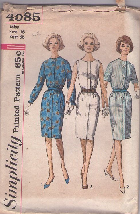 Simplicity 4985 Vintage 60's Sewing Pattern Rockabilly Dresses, Step In Day Dress, Buttons or Hidden Front Closure, Slim Skirt, 3 Styles Size 16