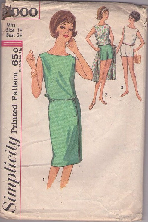 Simplicity 5000 Vintage 60's Sewing Pattern Rockabilly Separates, Housewife Shorts, Bateau Neck Top, Shirt, Wrap Around Skirt Size 14