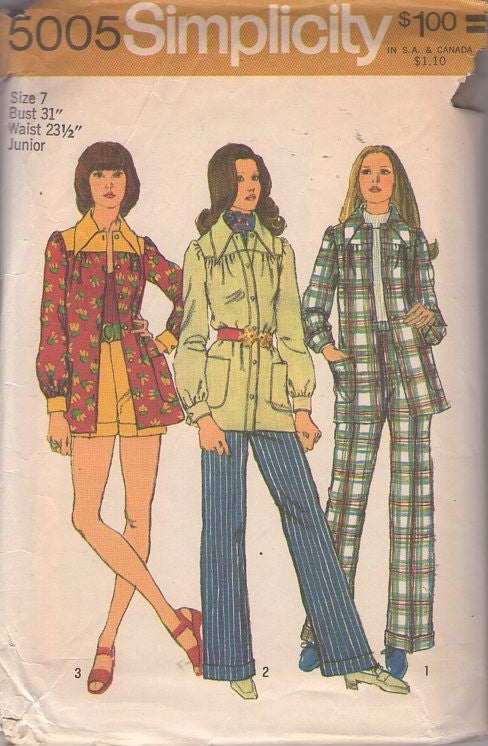 Simplicity 5005 Vintage 70's Sewing Pattern Mod Separates, Contrast Yoke Smock Top Jacket, Blouse, Cuffed High Waisted Shorts & Back Zipper Pants Size 7