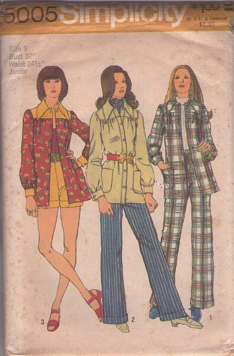 Simplicity 5005 Vintage 70's Sewing Pattern Mod Separates, Contrast Yoke Smock Top Jacket, Blouse, Cuffed High Waisted Shorts & Back Zipper Pants Size 9
