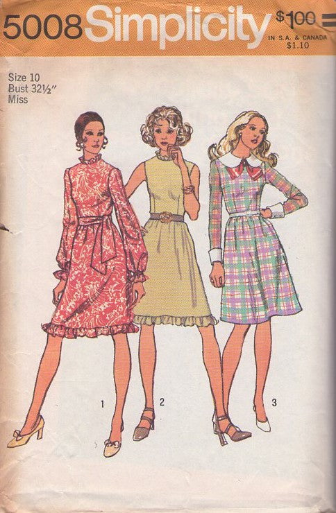 Simplicity 5008 Vintage 70's Sewing Pattern Party Dress Set, Ruffle Trim, Platter Collar, Modest Secretary or Cocktail Party Dress, 3 Styles Size 10