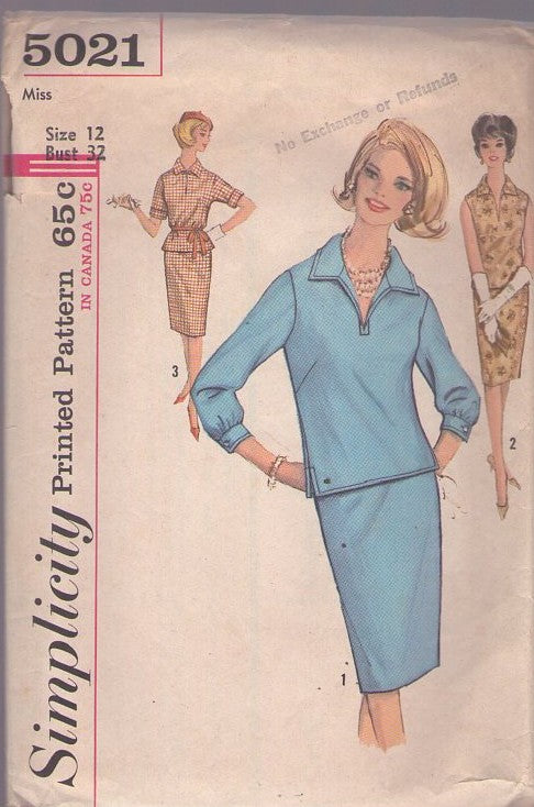 Simplicity 5021 Vintage 60's Sewing Pattern Secretary Separates, 2 Piece Dress, Flip Collar, Notched Sides Blouse, Top, Slim Sheath Skirt, 2 Piece Dress & Tie Belt Size 12