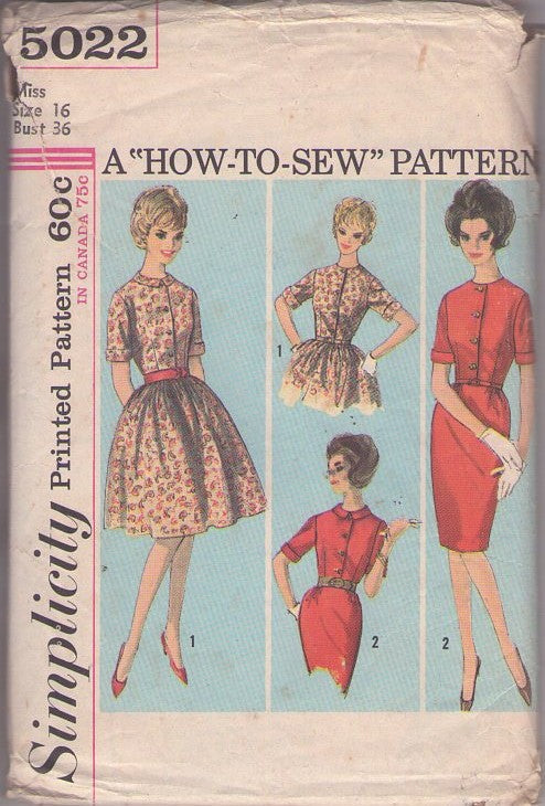 Simplicity 5022 Vintage 60's Sewing Pattern Easy Day Dress, How To Sew, Rockabilly Sheath or Pleated Full Skirt Shirtwaist Day Dress Size 16