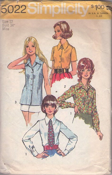 Simplicity 5022 Vintage 70's Sewing Pattern Disco Shirts, Easy Summer Blouse Set, Mod Secretary Office Necktie, Tie Size 12