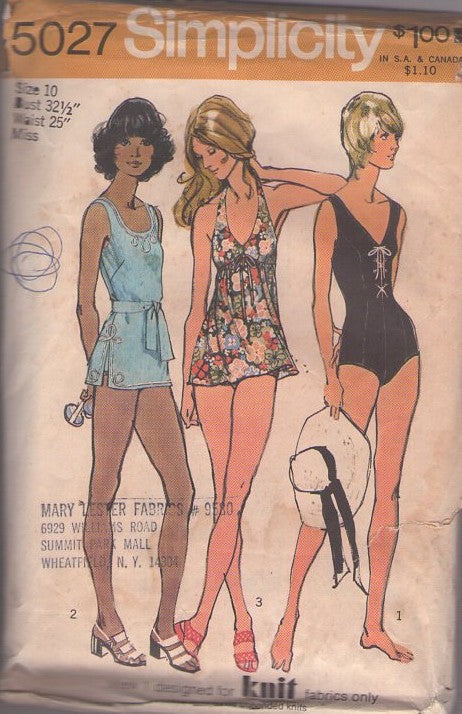 Simplicity 5027 Vintage 70's Sewing Pattern Mod Swimsuits, Modest V Neck Boy Cut 1 Piece Swimsuit, Halter Top Skirted Bathing Suit Top, Panties, Shorts 3 Styles Size 10