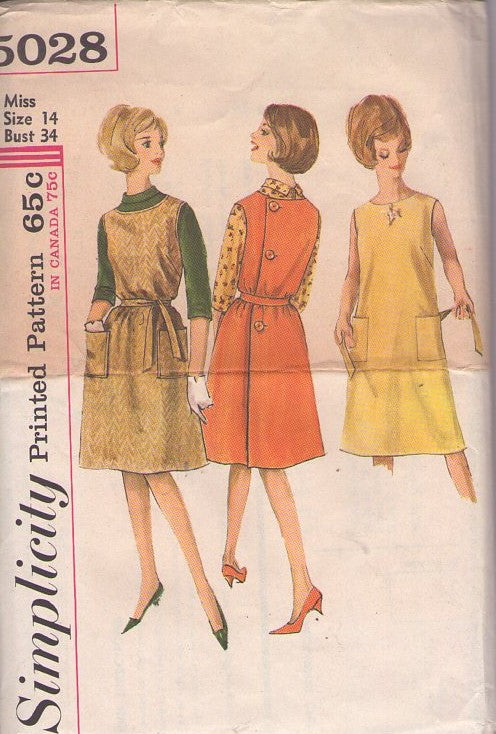 Simplicity 5028 Vintage 60's Sewing Pattern Day Dress Set, Blouse, Back Wrap Around Buttoned Jumper, Dress & Tie Belt Size 14