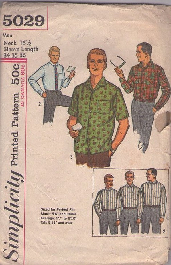 Simplicity 5029 Vintage 60's Sewing Pattern Men's Shirts, Mad Men Proportioned Short or Long Sleeve Dress Shirt, Button Front, 3 Styles Size 15.5 Size S
