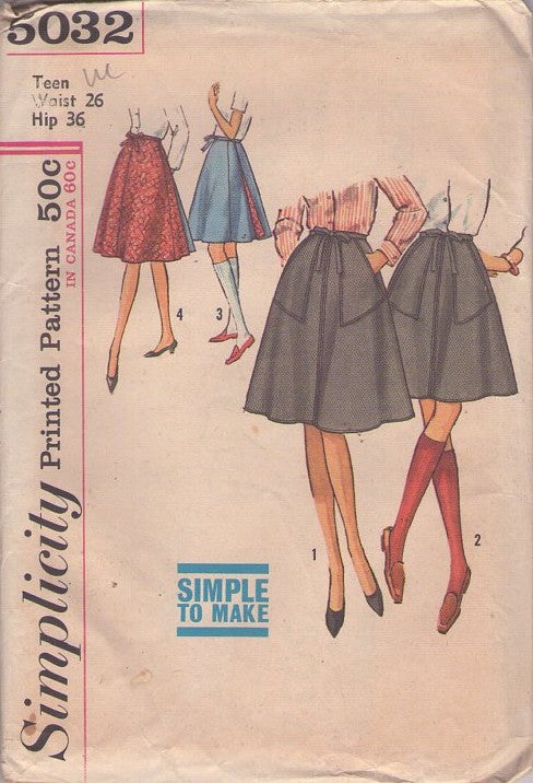 Simplicity 5032 Vintage 60's Sewing Pattern Wrap Skirts, Simple to Make Skirt, Rockabilly Reversible Wrap Around Flared Skirt, Shaped Pockets, 4 Styles Size 26 Size M
