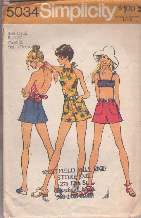 Simplicity 5034 Vintage 70's Sewing Pattern Summer Separates, Easy Bandeau Bra Top, Tie Back Hippie Halter Top, Flared Leg Cargo Pockets Shorts, Pantskirt Size 11/12
