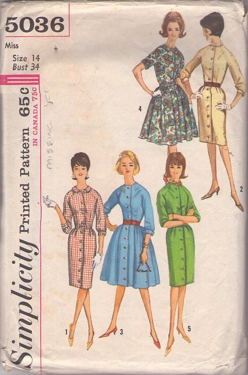 Simplicity 5036 Vintage 60's Sewing Pattern Rockabilly Dress, Housewife Front Buttoned Coat Dress, Slim or Pleated Full Skirt Size 12 CUT