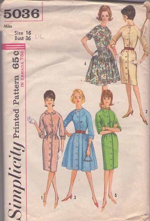 Simplicity 5036 Vintage 60's Sewing Pattern Rockabilly Dress, Housewife Front Buttoned Coat Dress, Slim or Pleated Full Skirt Size 16 UNCUT