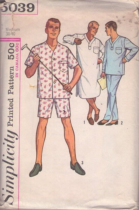 Simplicity 5039 Vintage 60's Sewing Pattern Mens' Pajamas, Classic Dad, Summer or Winter Pajamas, Sleep Shirt, Nightgown Nightshirt, Top, Boxer Shorts & Pants Size M