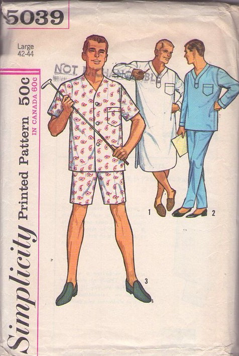 Simplicity 5039 Vintage 60's Sewing Pattern Mens' Pajamas, Classic Dad, Summer or Winter Pajamas, Sleep Shirt, Nightgown Nightshirt, Top, Boxer Shorts & Pants Size L