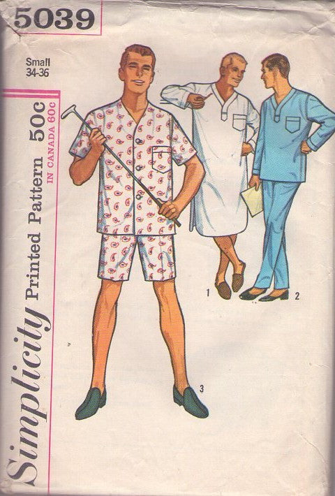 Simplicity 5039 Vintage 60's Sewing Pattern Mens' Pajamas, Classic Dad, Summer or Winter Pajamas, Sleep Shirt, Nightgown Nightshirt, Top, Boxer Shorts & Pants Size S