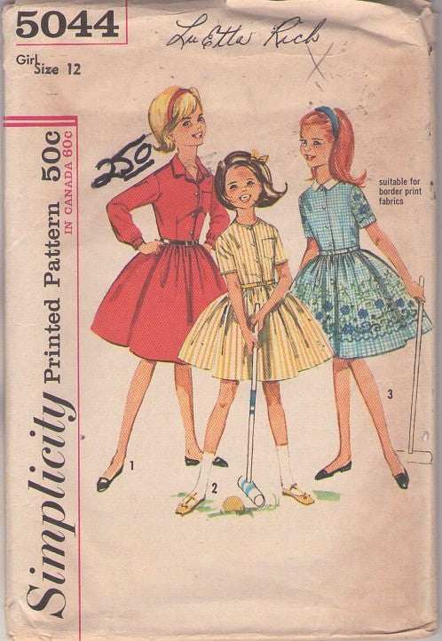 Simplicity 5044 Vintage 60's Sewing Pattern Girls' School Dress, Rockabilly Hairspray, Border Print Shirtwaist Size 12
