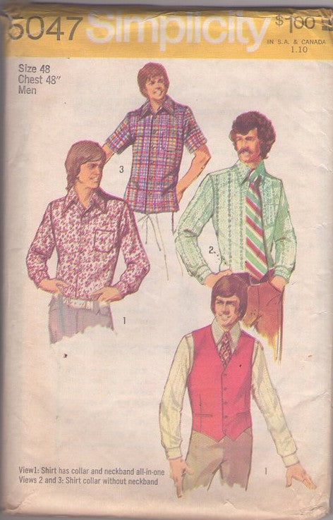 Simplicity 5047 Vintage 70's Sewing Pattern Men's Shirts, Hipster, Tapered Disco Era Collared Dress or Casual Shirt & Lined Vest Size 48 XL