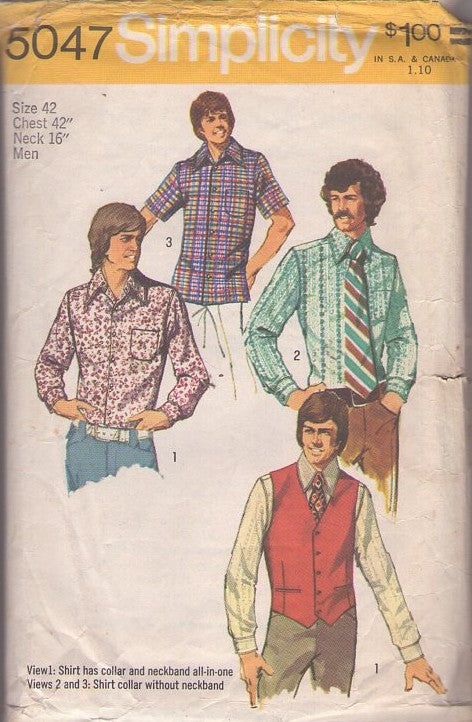 Simplicity 5047 Vintage 70's Sewing Pattern Men's Shirts, Hipster, Tapered Disco Era Collared Dress or Casual Shirt & Lined Vest Size 42 L