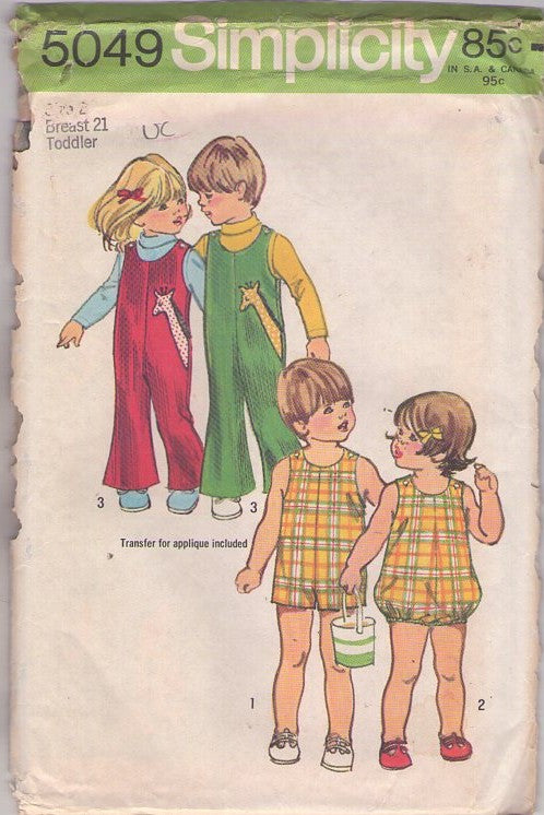 Simplicity 5049 Vintage 70's Sewing Pattern Toddlers' Jumpsuits, Giraffe Peeking Applique Coveralls Overalls Jumpsuit, Beach Days Bubble Suit Romper Size 2 CUT