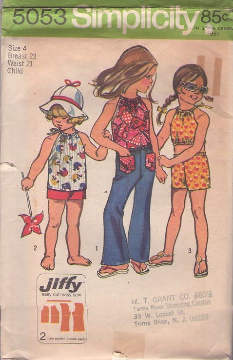 Simplicity 5053 Vintage 70's Sewing Pattern Girl's Summer Separates, Jiffy Cropped, Drawstring Neck Halter Top, Shorts, Bell Bottoms Flared Pants Size 4